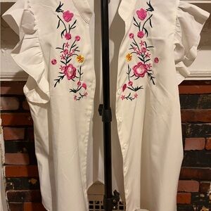 SHEIN White Ruffled Sleeve Embroidered Floral Blouse